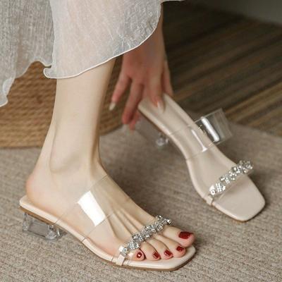 Мода 2025 Новые туфли в китайском стиле для женщин, прозрачный блочный каблук, темпераментные сандалии, новые летние сандалии со стразами