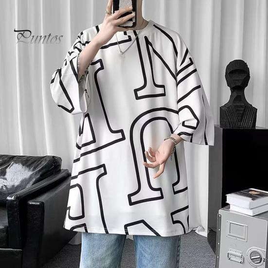 Летняя мужская футболка с круглым вырезом средней длины, соответствующий цвету с буквенным принтом, ледяной шелк, пуловер с короткими рукавами, свободная уличная одежда, молодежный топ для подростков