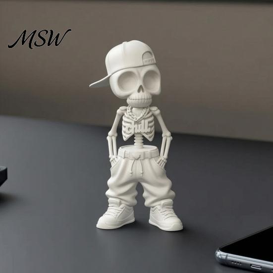 Decorative Skull Figurine Street Style Hip-Hop Skeleton Figurine, 3D Printed Baseball Cap Office Decor Statue, Cool Sculpture for Home Desktop