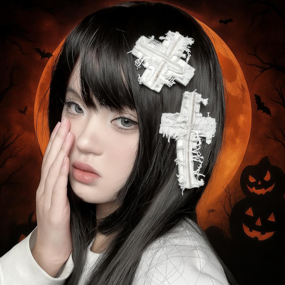 Y2K Distressed Look Cross Hair Clip Lolita Punk Gothic Hairpin Lace Crosses Hair Clip Girls