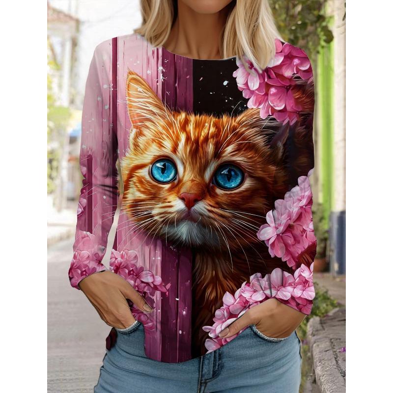 Рождественский женский круглый вырез с длинным рукавом и принтом котенка, длинный рукав, праздничный свитер с 3D-принтом, длинный рукав, весна и осень