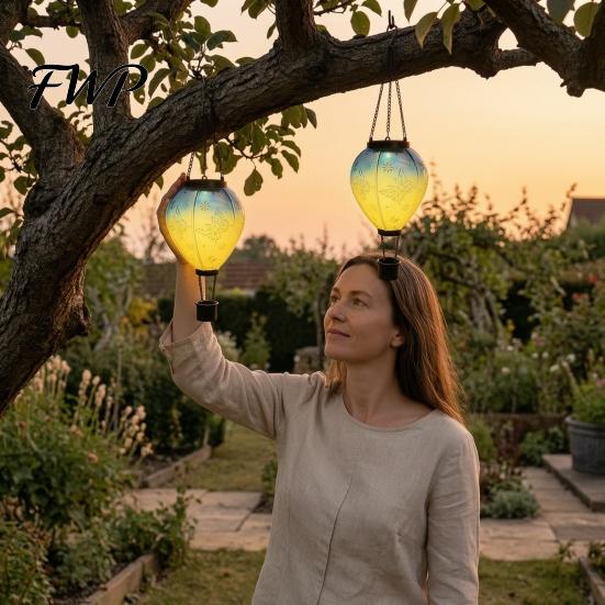 All Season Garden Accessories Butterfly Hot Air Balloon Solar Hanging Light, Waterproof Outdoor Lantern with Lights Embossed Pattern, Warm Light