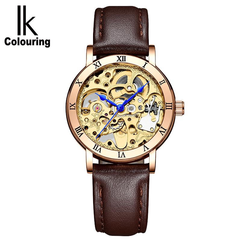 IK Colouring Женские часы Автоматические Механические Наручные Часы Скелетные Стимпанк Женские Часы Повседневные Кожаный Ремешок Reloj Mujer