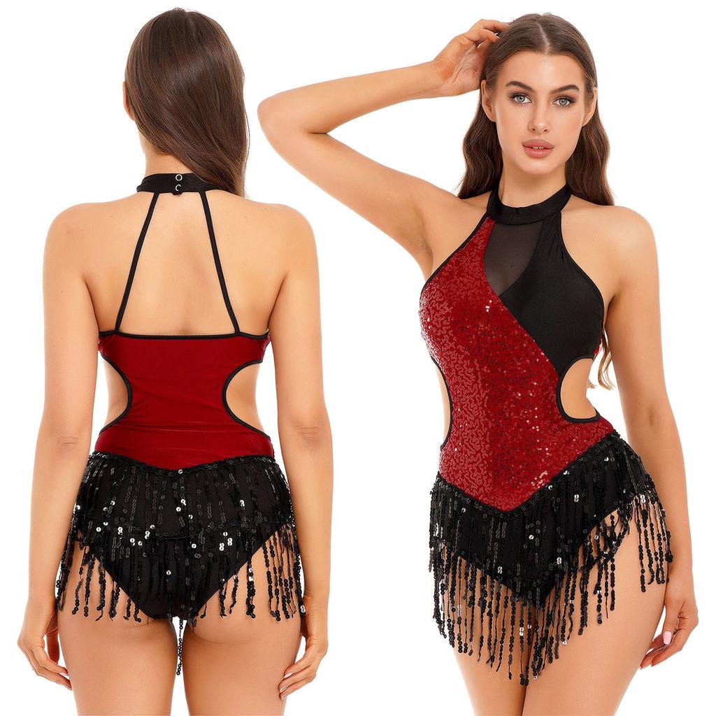 Women Jazz Dance Leotard Halter Neck Glitter Sequin Tassel Fringed Latin Salsa Dance Dress Cutout Bodysuit Performance Costume