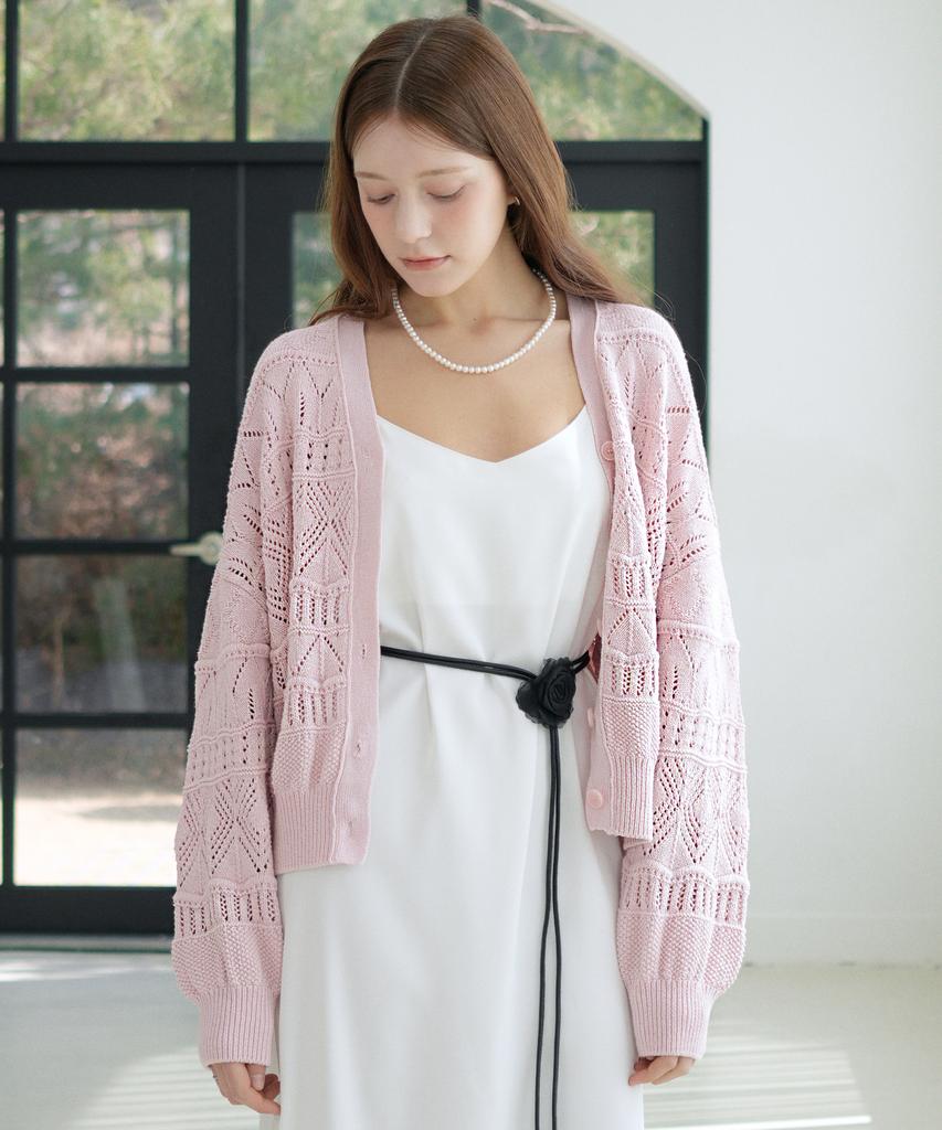VLETI [Cotton 100%] Pointelle V-Neck Cardigan (Light Pink)