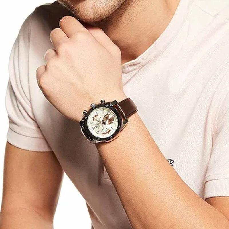 Casio Серия EDIFICE Классические Простые Повседневные Модные Кварцевый Механизм Ремешок из Натуральной Кожи Японские и Корейские Часы Мужские Часы Золотой Циферблат EFR-559BL-7AV