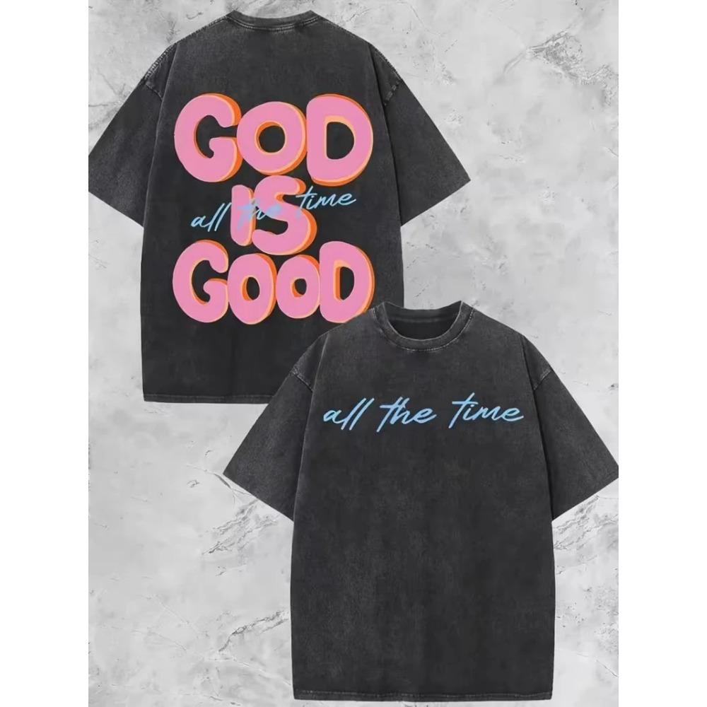 Vintage Washed God Is Good Pink Heart Graphic T-Shirt, Minimalist Christian Faith Casual Short Sleeve Top Women's T-shirt