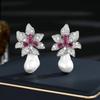 New Fashion And Elegant Women's Light Luxury Zircon Inlaid Flower Earrings Baroque Imitation Pearl Earrings