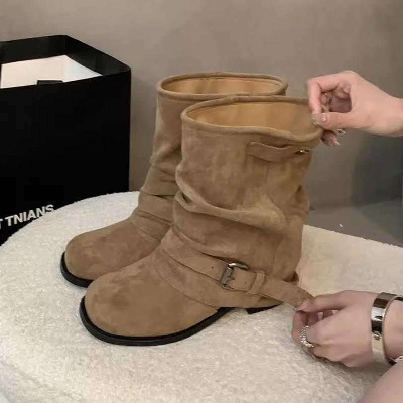 Модные женские ботильоны из замши, дизайнерская обувь, новые повседневные зимние ботинки на каблуке 2025, зимние уютные роскошные мотоциклетные боты для женщин