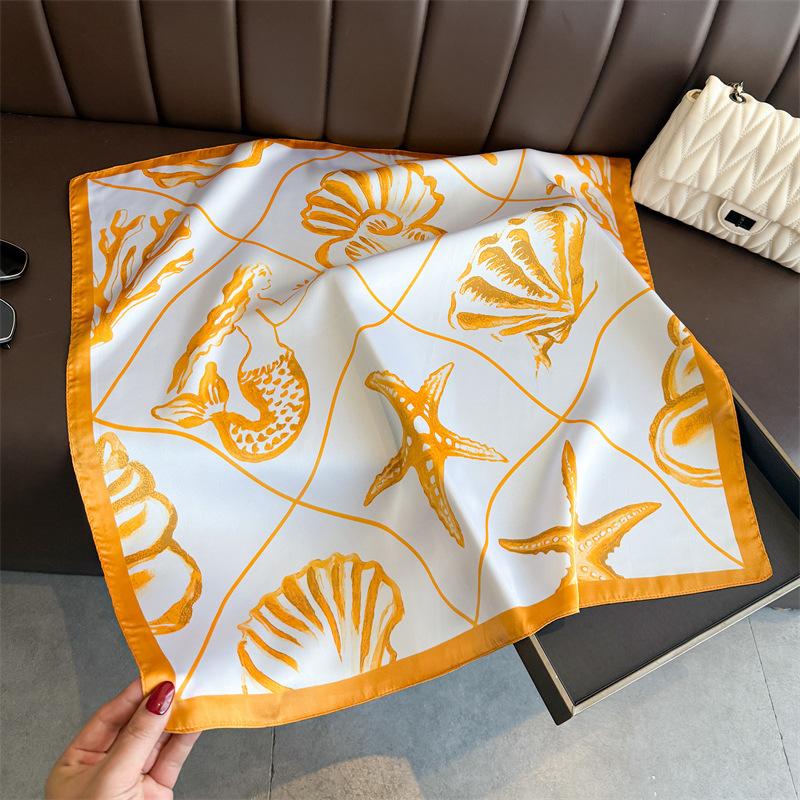 NEW Orange Silk Scarf Mermaid Pattern Neckerchief Women's Luxury Silk Square Shawl Purse Scarf for Women Designer Silk Headscarf