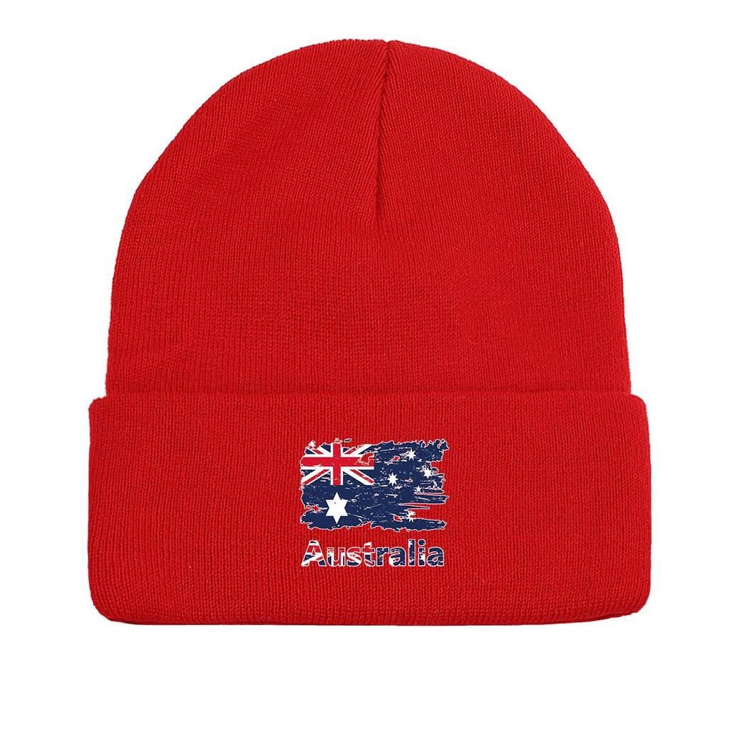 Flag of Australia Print Knitted Cap Beanie, Patriotic Woman Cap Candy Color Stretchy Simple Bobble Hat Knit Hat Beanie