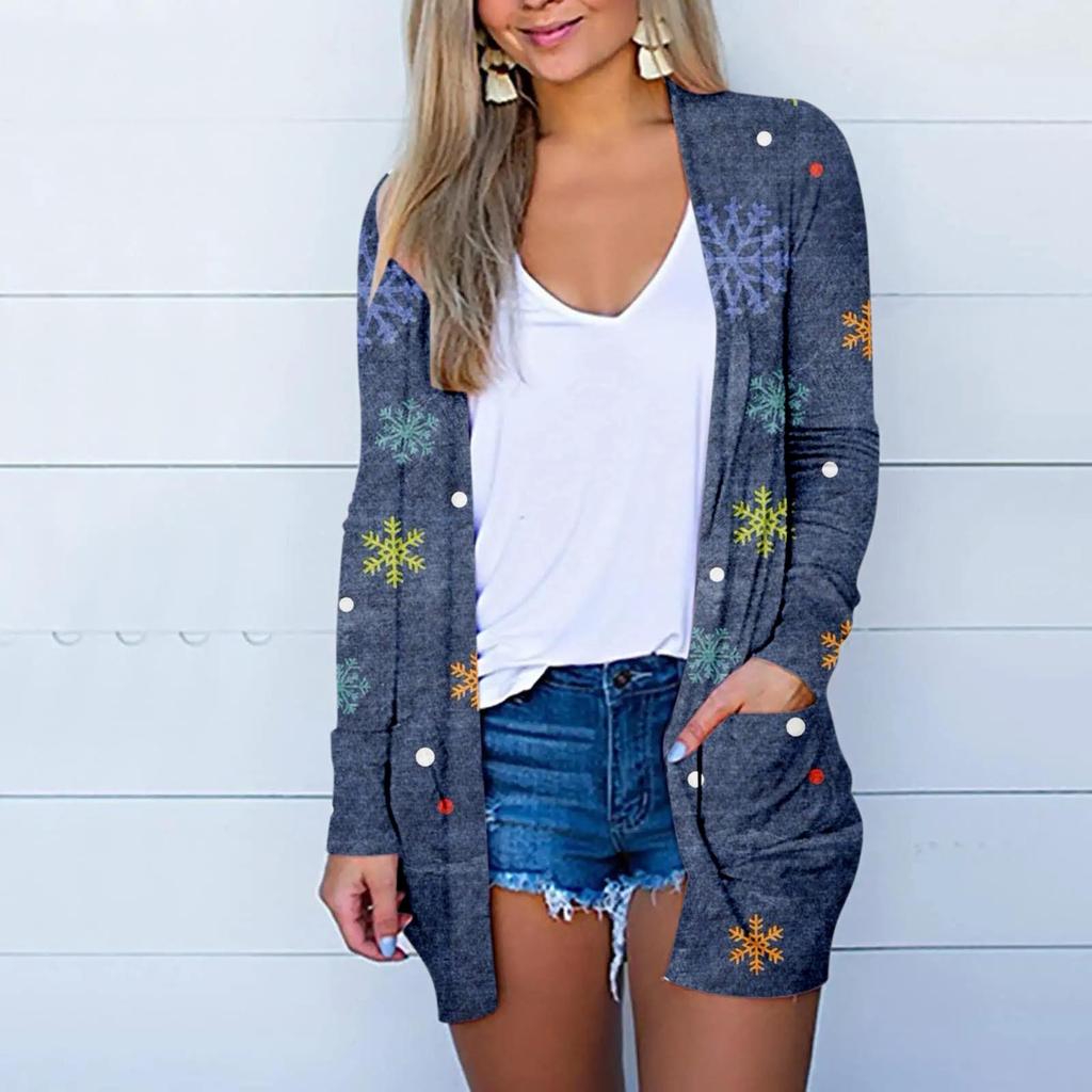 Женская модная повседневная куртка-кардиган с рождественским принтом средней длины, пальто