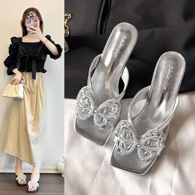 Модные женские летние шлепанцы с квадратным носком, на тонком каблуке, для улицы, из искусственной кожи, резиновая подошва, женские слипоны