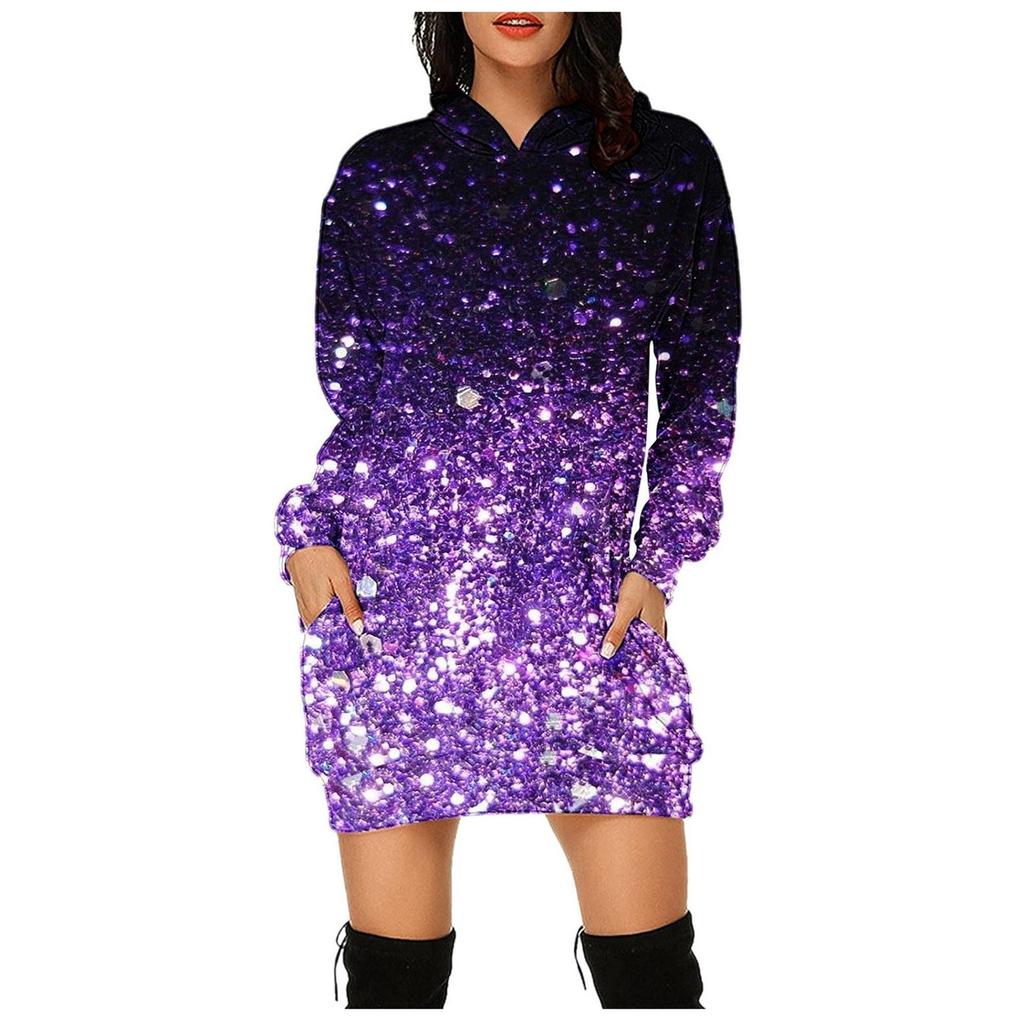 Women's Fashion Casual Print Long Sleeve Pocket Pullover Hooded Blouse Top