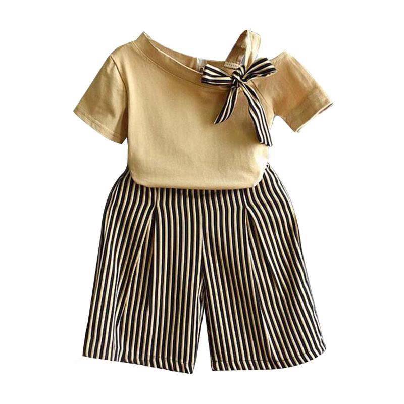 2 шт./компл., детская одежда для девочек, повседневная летняя футболка с короткими рукавами + шорты с полосатым принтом, костюмы