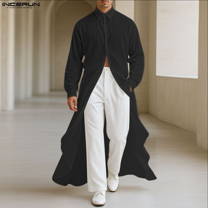 INCERUN Мужские рубашки-туники с отложным воротником, длинными рукавами, пуговицами, неровным подолом и высокими разрезами