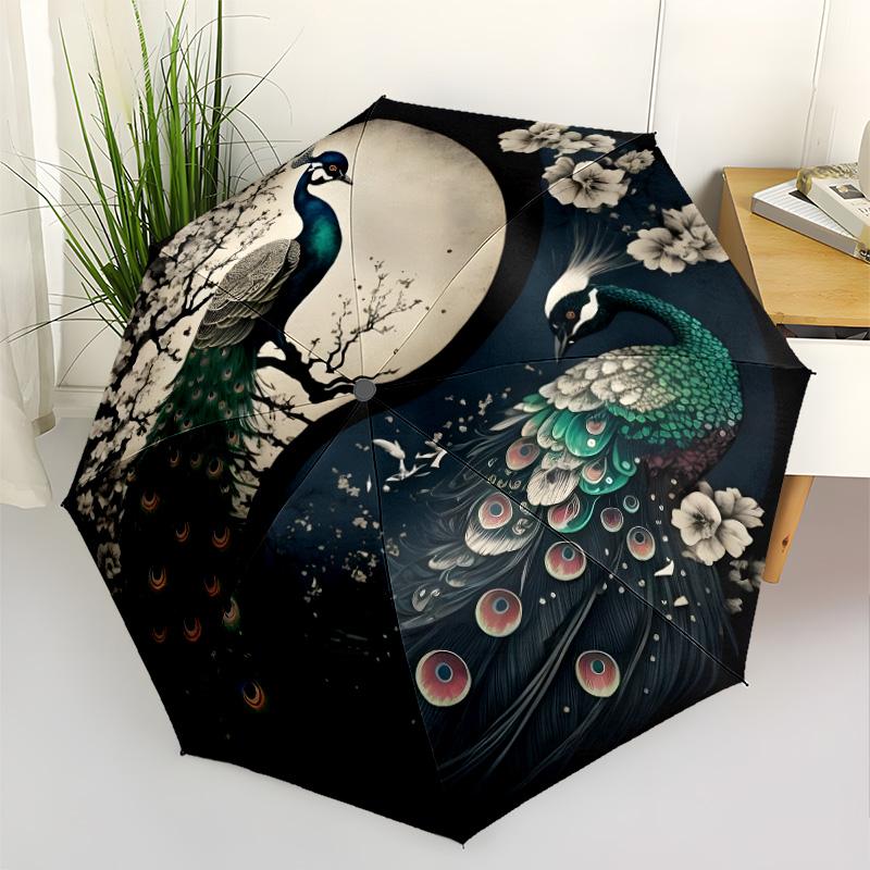Peacock Yin Yang Blossom Outdoor Automatic Umbrella Retractable Design with 8-Rib Durability Lightweight for Outdoor Daily Use Stylish Accessory