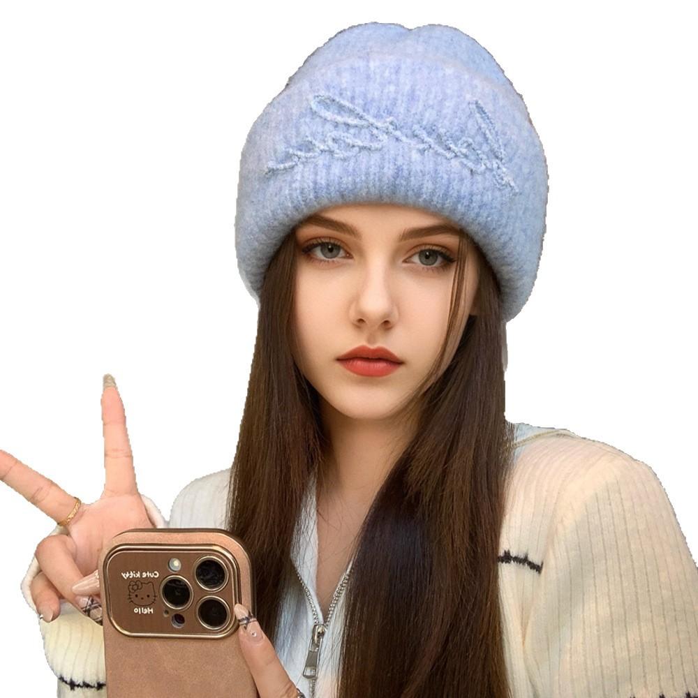 South Korea autumn and winter new solid color versatile trend letter embroidered ear protection wool hat large version showing face small knitted hat