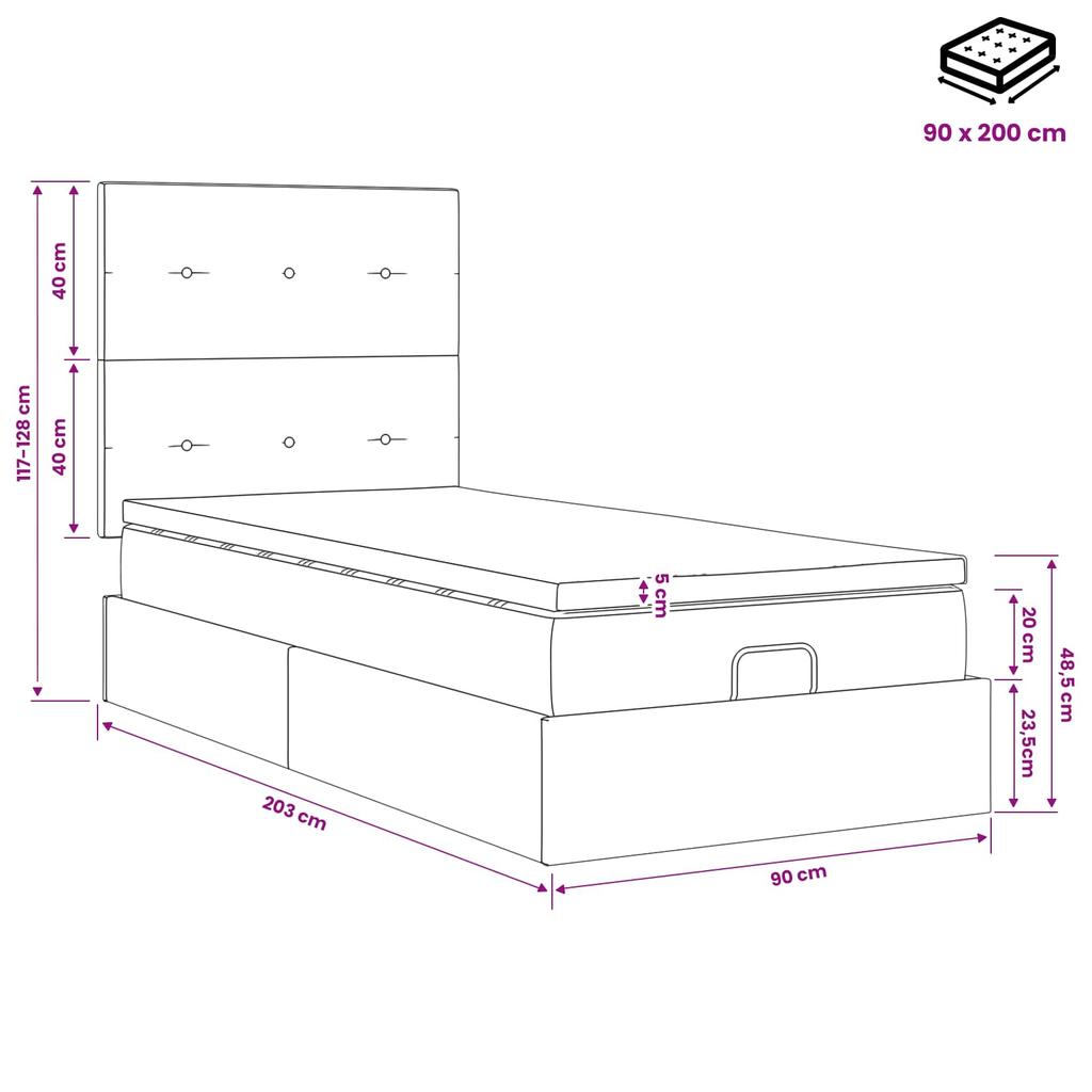 Ottoman Bed with Mattress and LED Light Gray 90 x 200 cm Velvet