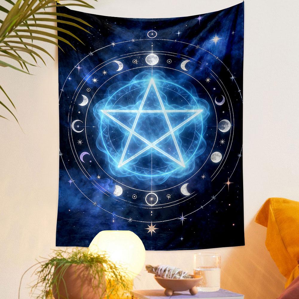 Mystical Pentagram with Lunar Phases Patterned tapestry home decor, suitable for bedroom and living room, gift