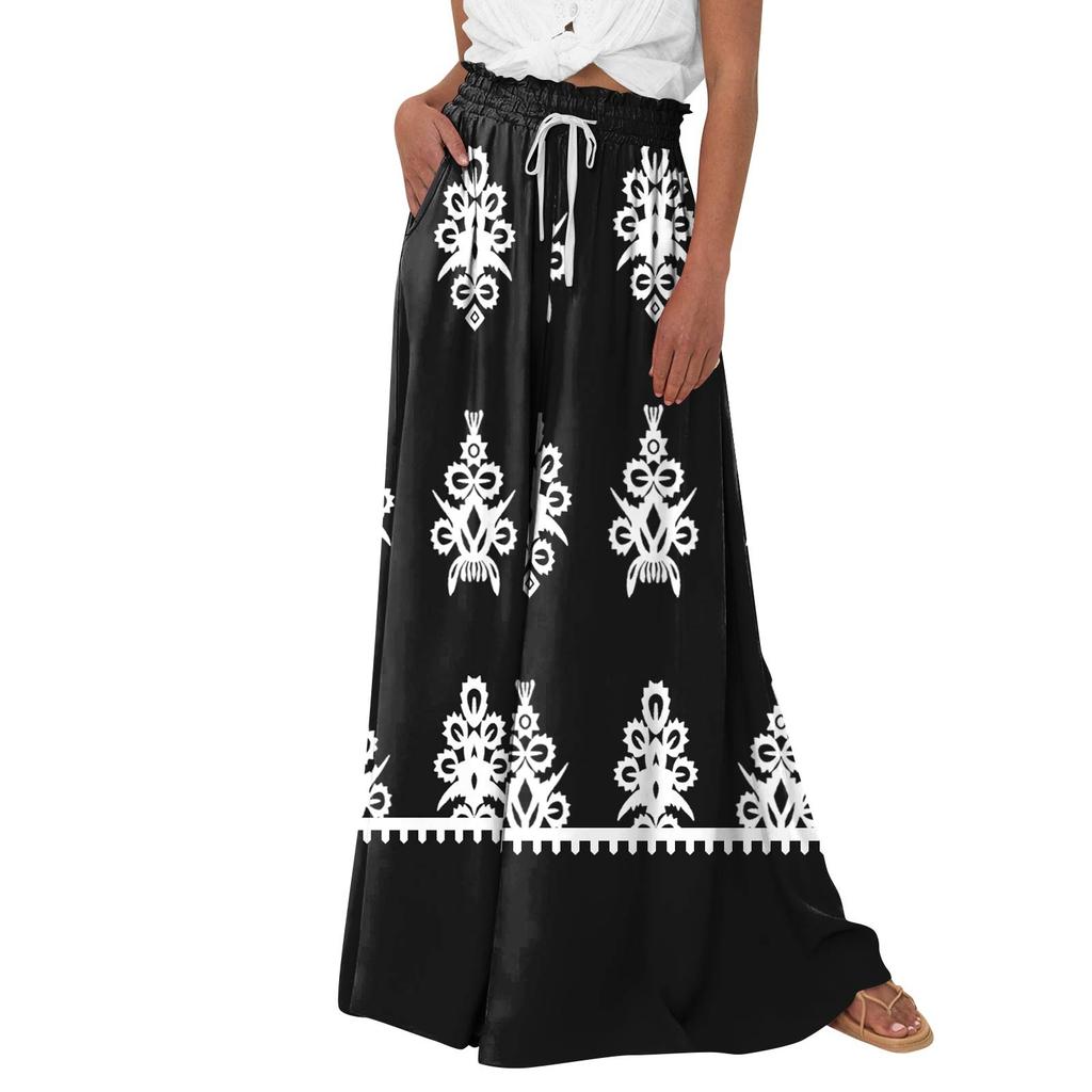 Женские брюки-палаццо с цветочным принтом в стиле бохо, широкие брюки, летние пляжные струящиеся брюки с высокой талией и карманами