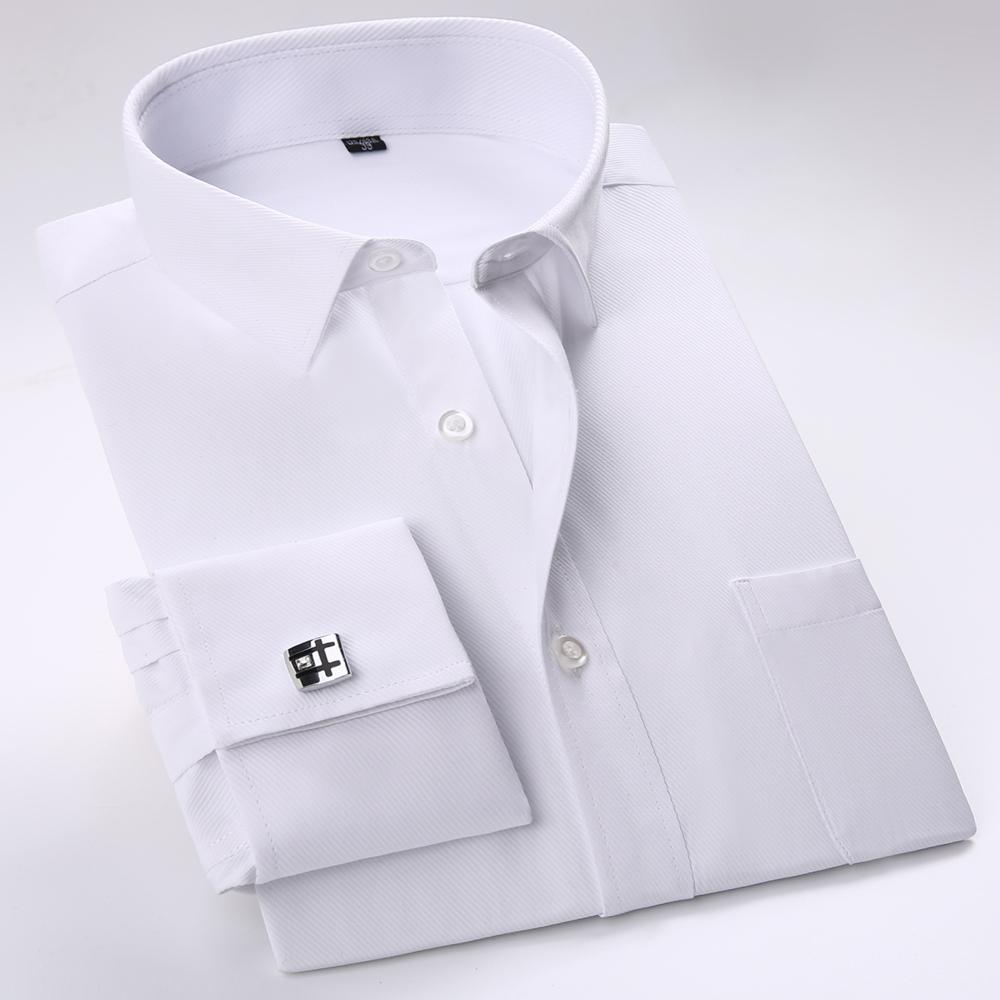 Men's Elegant French Cuff Spread Collar Striped Dress Shirt with Chest Pocket for Formal Business Wedding, Free Metal Cufflinks Included