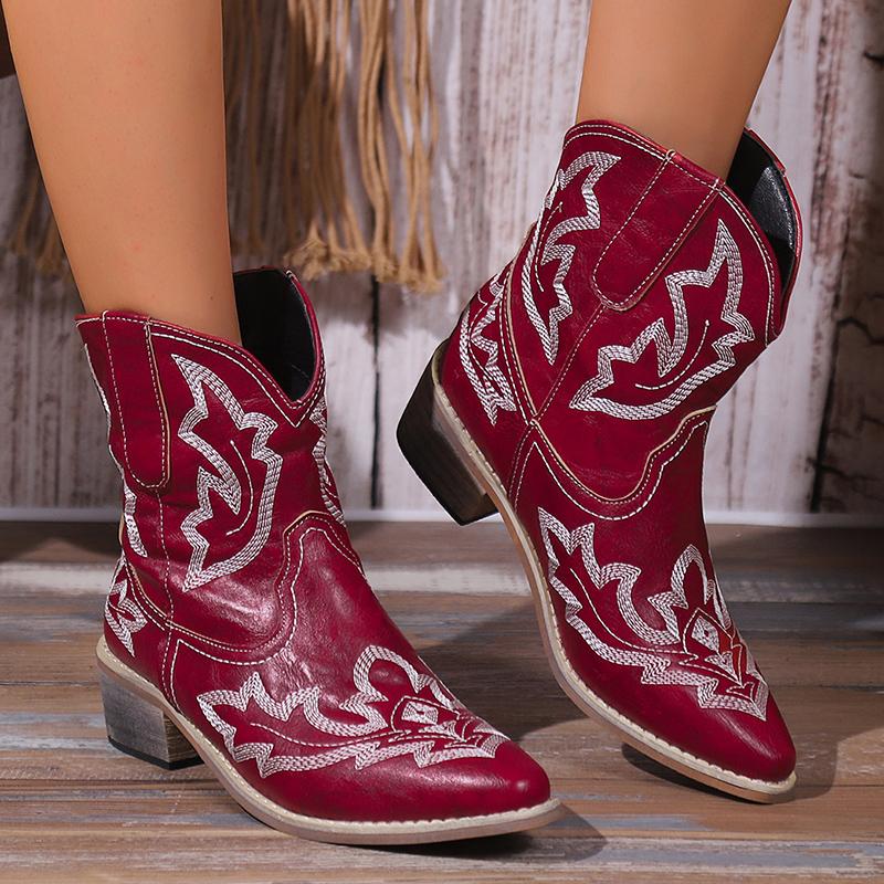 Женские ковбойские сапоги с острым носком, очень массивные каблуки, вышитые ковбойские сапоги, женские ботинки с V-образным вырезом и широкими щиколотками