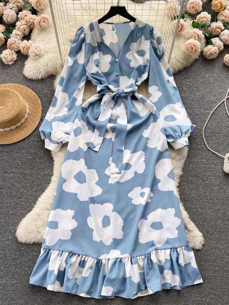 Модное женское платье с цветочным принтом, осеннее элегантное винтажное Бандажное длинное платье макси с рюшами по подолу, вечерние платья