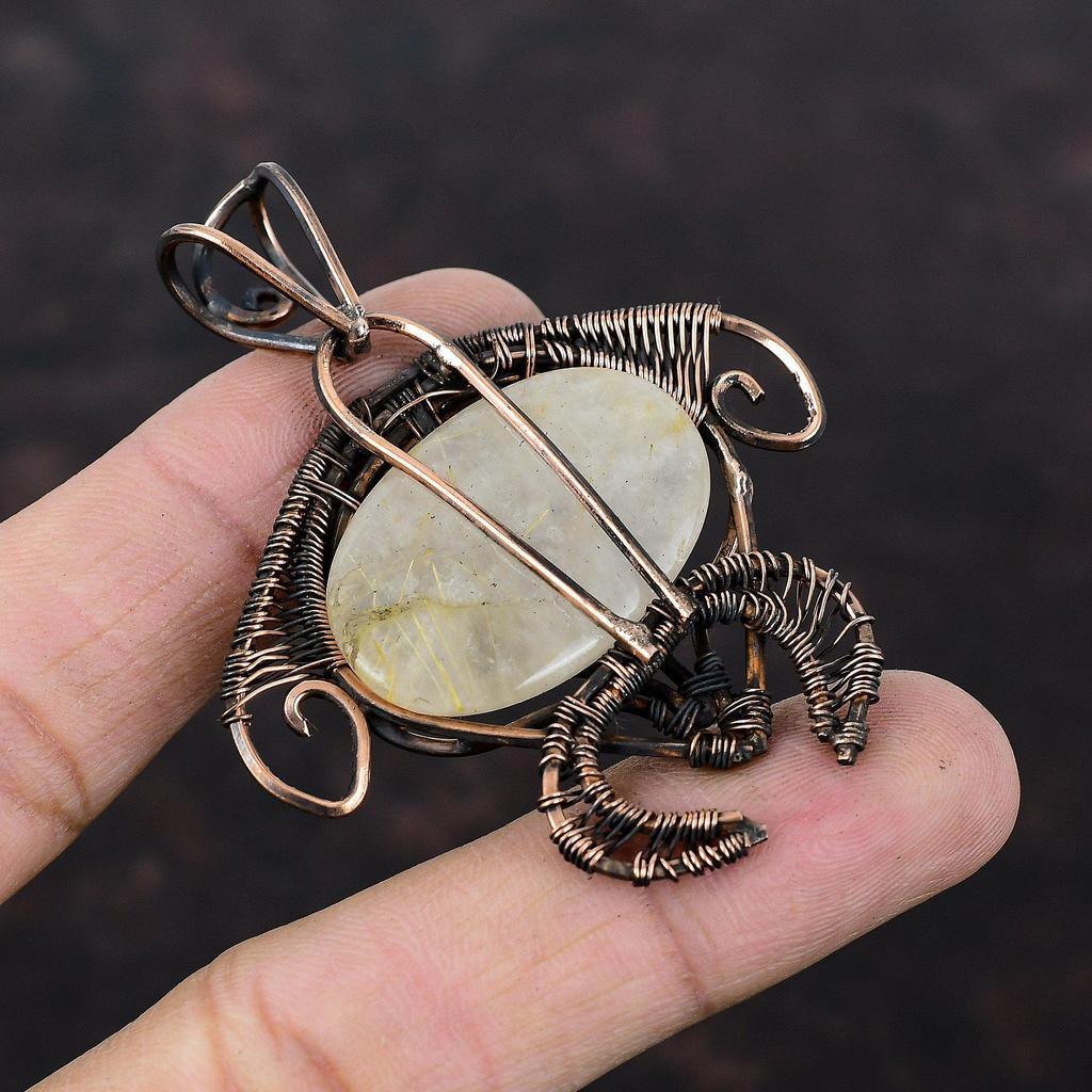 Золотой кулон с рутилом, кулон из медной проволоки, кулон ручной работы, черепаха, медные украшения, подвеска в стиле хиппи в стиле бохо, ювелирные изделия из драгоценных камней, подарок для нее