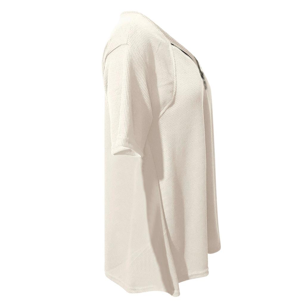 Womens Sexy V-neck Collar Zipper Solid Short Sleeve Fold Casual Blouse Tops