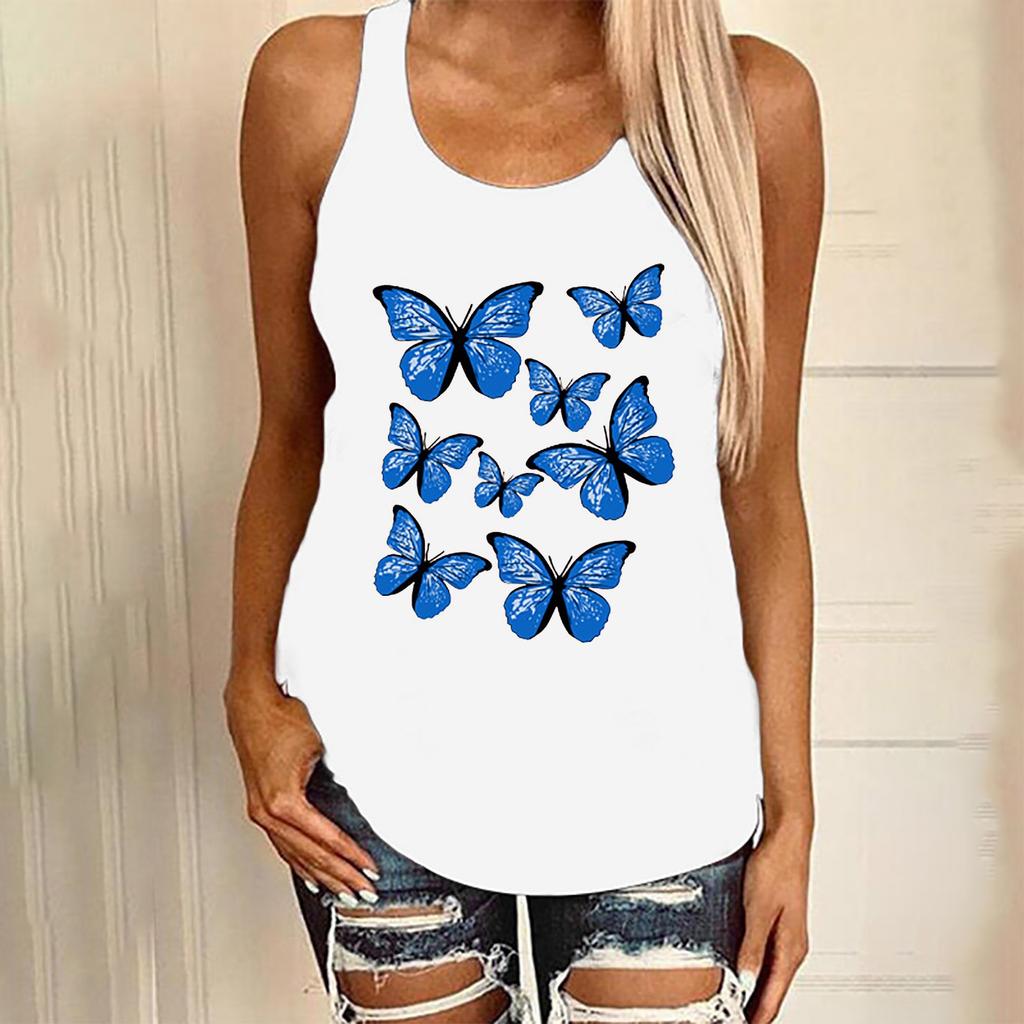 Women's Casual Fashion Loose Round Neck Colorful Butterfly Print Undershirt Tops