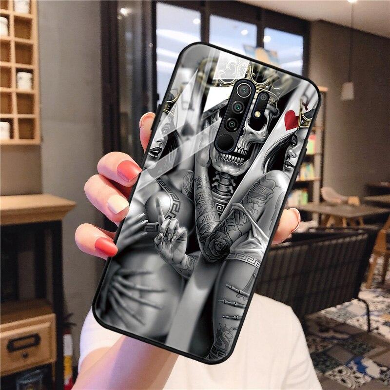 Redmi 9 Case Skull Skeleton Glass Case For Xiaomi Redmi 9 C 9C NFC 9A 8A 8 7A 7 Mi 9T Pro 9 Lite 8 SE Tempered Glass Hard Cover