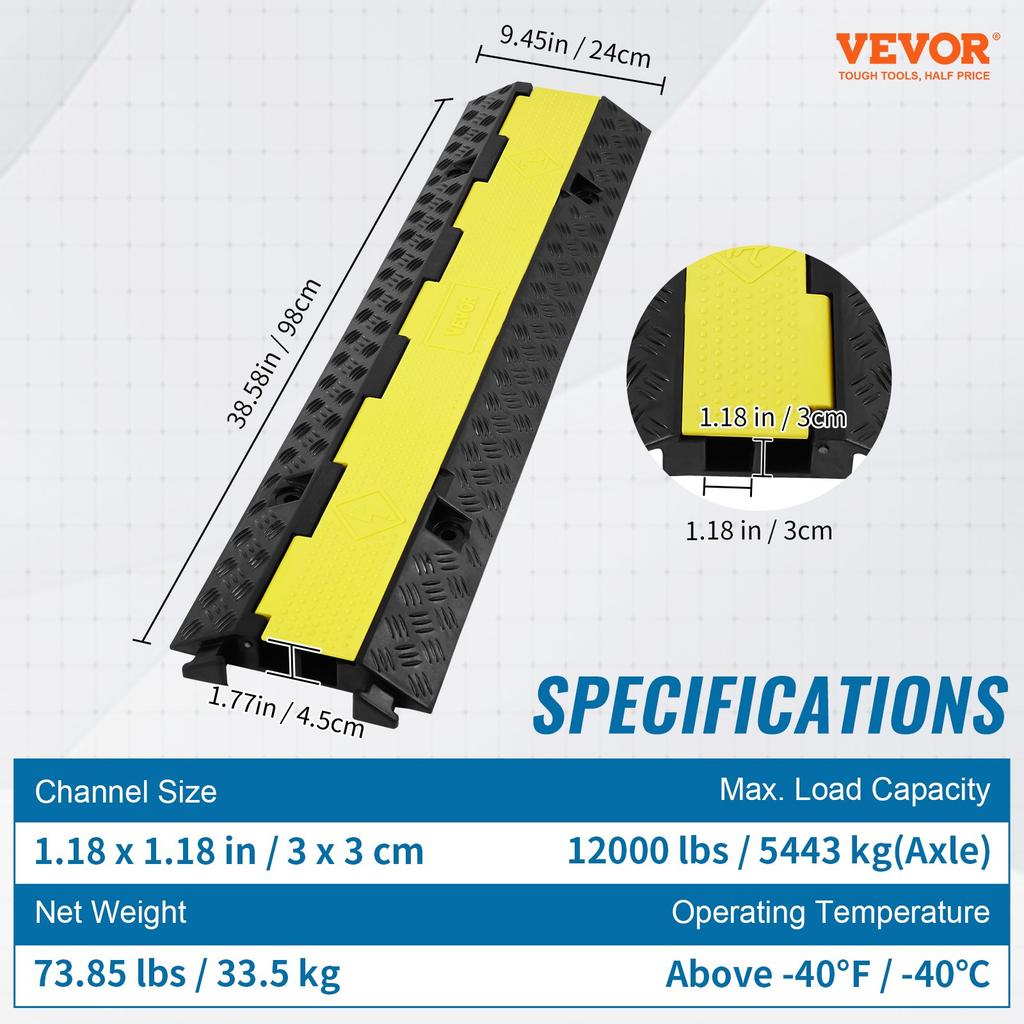 VEVOR 5 PCs Rubber Cable Protector Ramp 98x24x4.5 cm, 2 Channel, 12000 lbs/axle Capacity Heavy Duty Hose Wire Cover Ramp Driveway