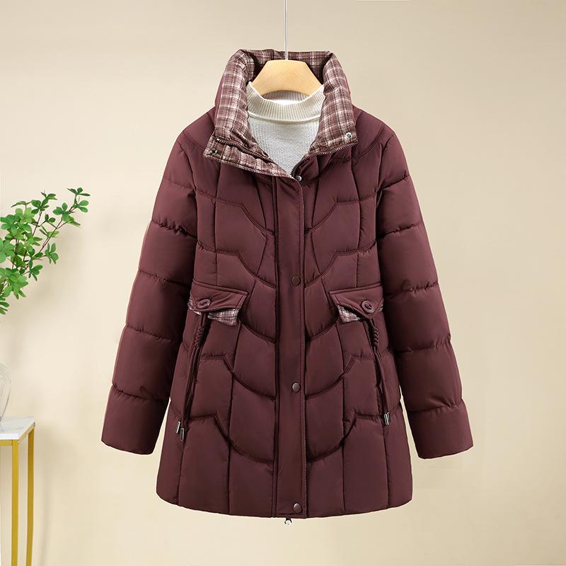 Winter new plaid thickened thermal stand-up neck cotton-padded coat women's medium and long middle-aged and elderly mother cotton-padded jacket