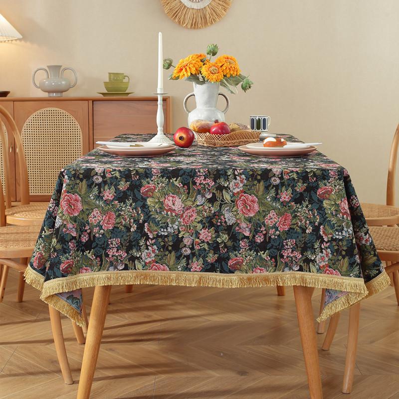 Retro Polyester Cotton Color Woven Jacquard Flower Geometric Gold Fringed Tablecloth Rectangular Coffee Table Tablecloth Dining Table Cloth