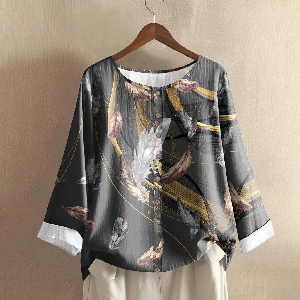 Женский повседневный топ с длинным рукавом и круглым вырезом из хлопка и льна с геометрическим принтом в стиле ретро