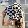 Women's Summer Round Dot Printed Foldable Sunscreen Hats Wide Brim Holiday Travel Bow Breathable Sun Hats with Windproof Rope