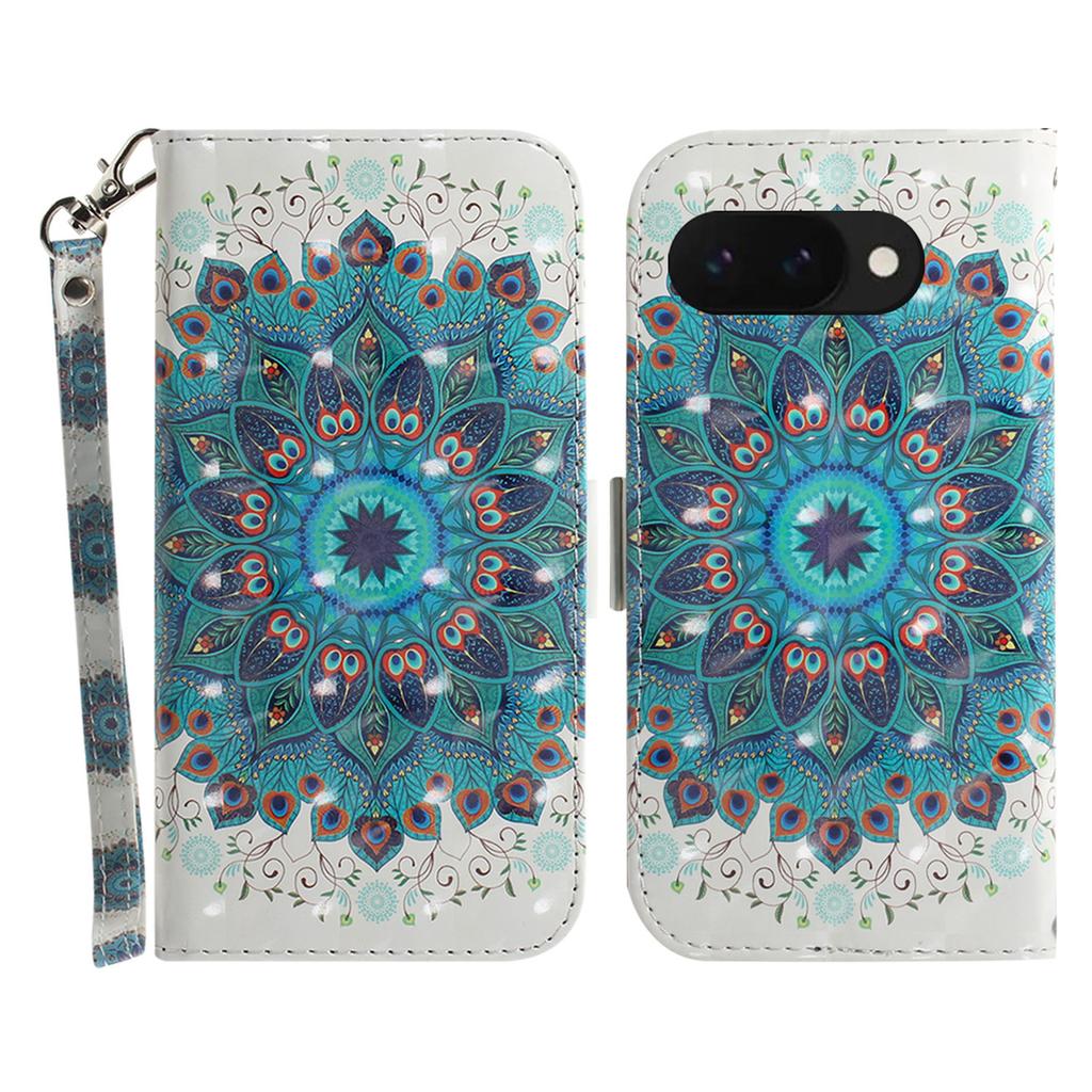For Google Pixel 9a Case Pattern Printing Leather Wallet Phone Cover with Wrist Strap