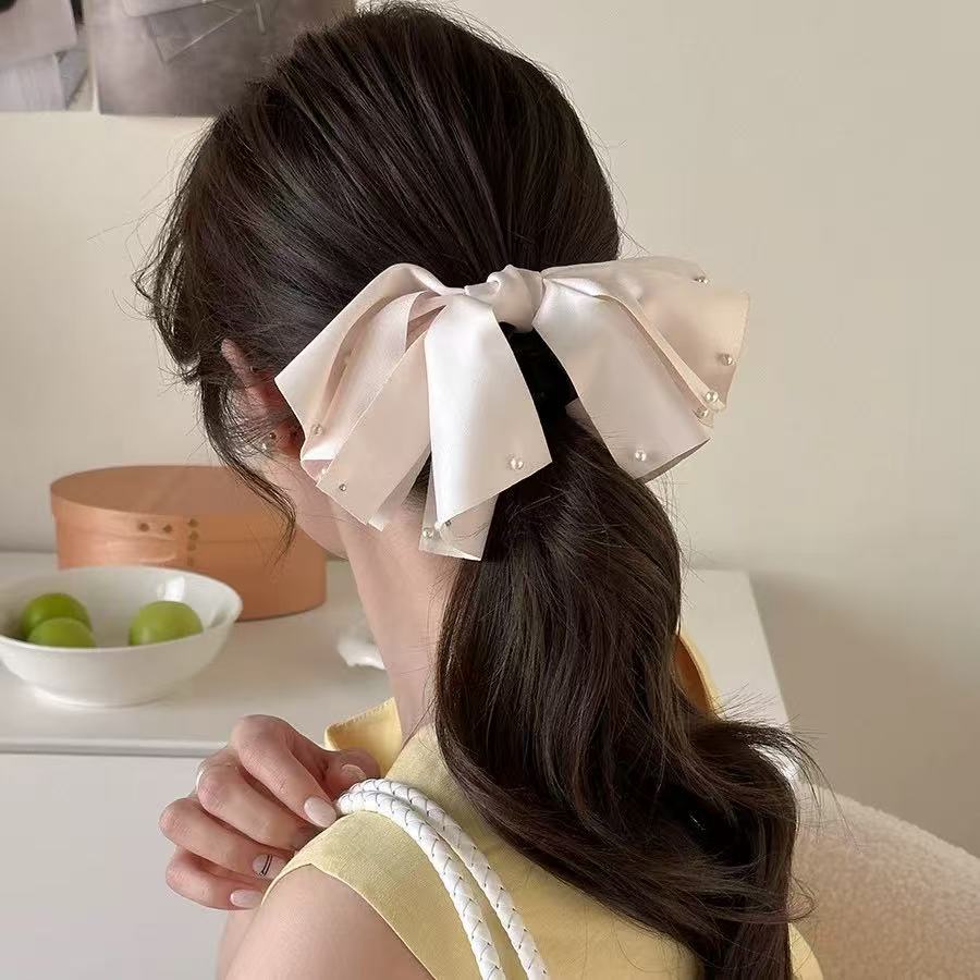 1pc French Elegant Beaded Bow Grab Clip Simple and Fashion Hair Grip Half Tied Back of The Head Pan Hair Clip Hair Ornament