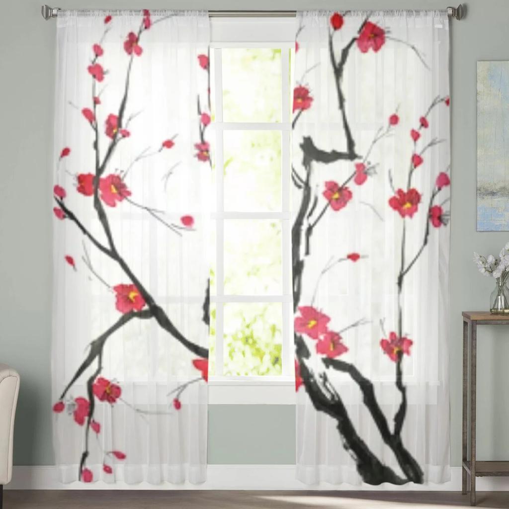 A Branch Of A Blossoming Tree Chiffon Sheer Curtains For Living Room Bedroom Decoration Window Tulle Curtains Drapes