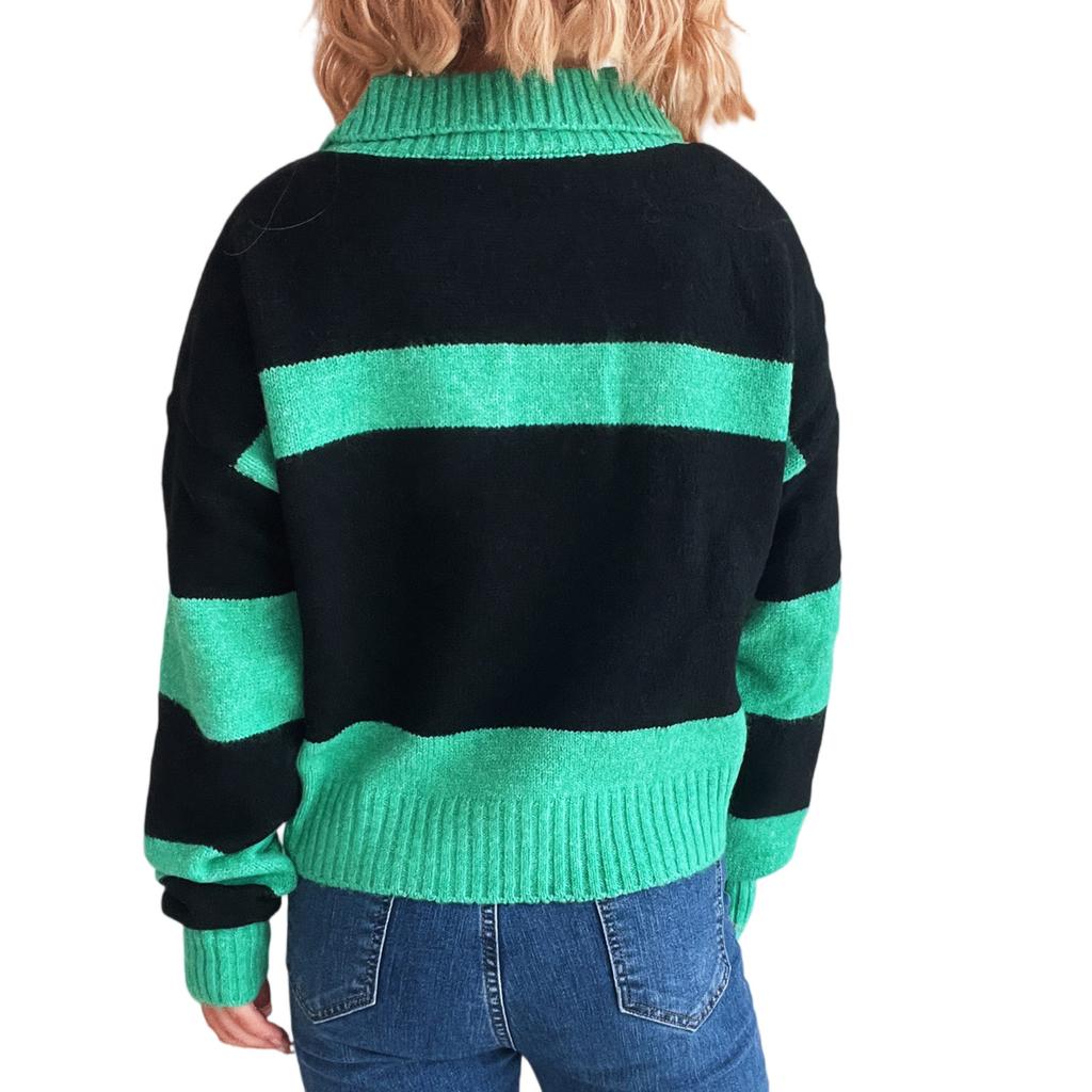 Women's Contrasting Striped Knitted Lapel Long Sleeved Pullover Sweater Top