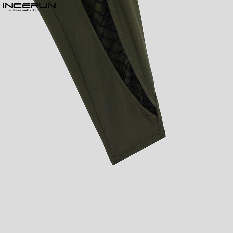 INCERUN Мужские комбинезоны с длинным рукавом в сетку в стиле пэчворк, длинные, домашняя одежда, облегающие комбинезоны