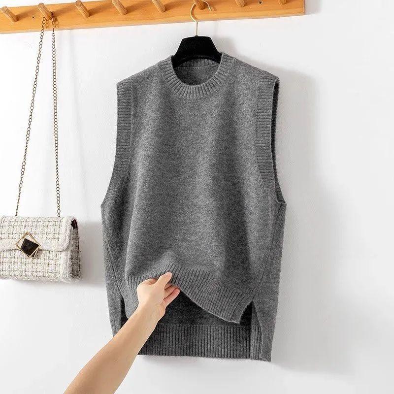 Knitted Vest Women Oversize Undershirt Solid Color Sleeveless Vest Tops Loose Sweater Vest Thickened Casual Round Neck Vest