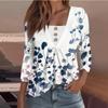 Women's Fashion Casual Long Sleeve Shirt Floral Printed Button V Neck Up Tops