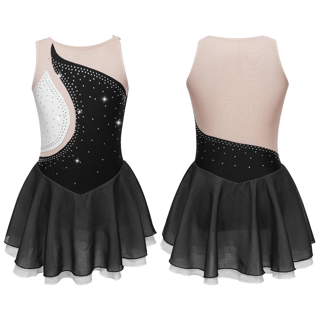 Платье для фигурного катания для девочек, без рукавов, сетка, стразы, блестящее платье для фигурного катания, одежда для танцев