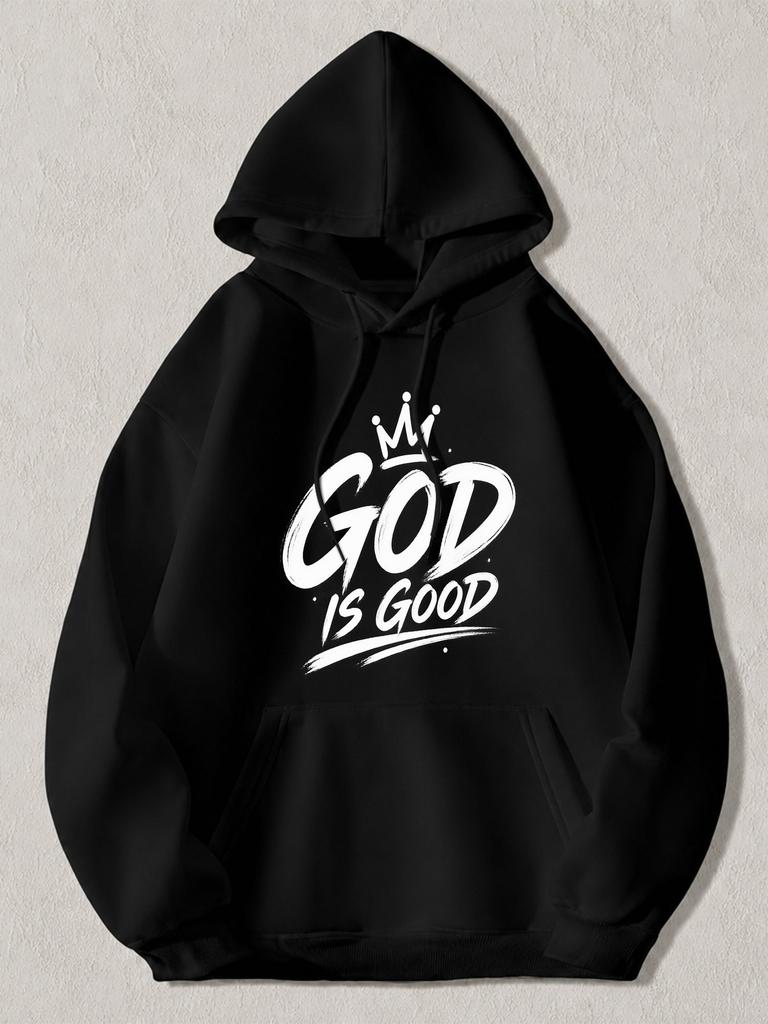Черная толстовка с капюшоном и белым текстом "GOD IS GOOD" и изображением короны, повседневная уличная толстовка с карманом-кенгуру для повседневной носки