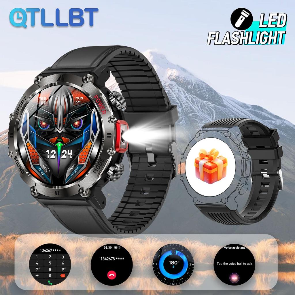 Smart Watch QTLLBT, Message Notification, Wireless Call Function, Calorie Tracker, Pedometer, Built-in LED Flashlight, 100+ Sports Modes