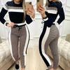Colorblock Plaid Striped Long Sleeve Tape Tops & Drawstring Pants Set Casual Basic Women Two Piece Set