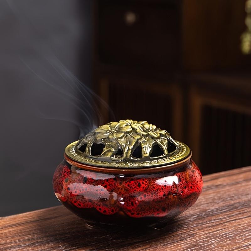 Large kiln-fired ceramic incense holder set with vintage brass cover, includes fireproof mat, coiled incense tray and mesh cover