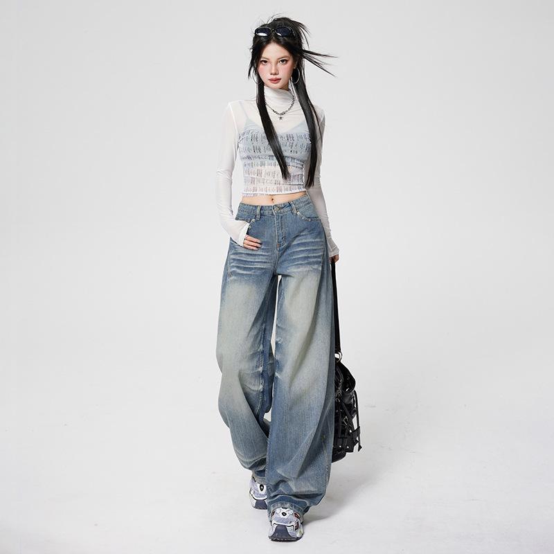 Women's American Retro Crease Wide Leg Jeans - 2026 Spring Collection, Loose Fit, Slimming Straight Leg Design.